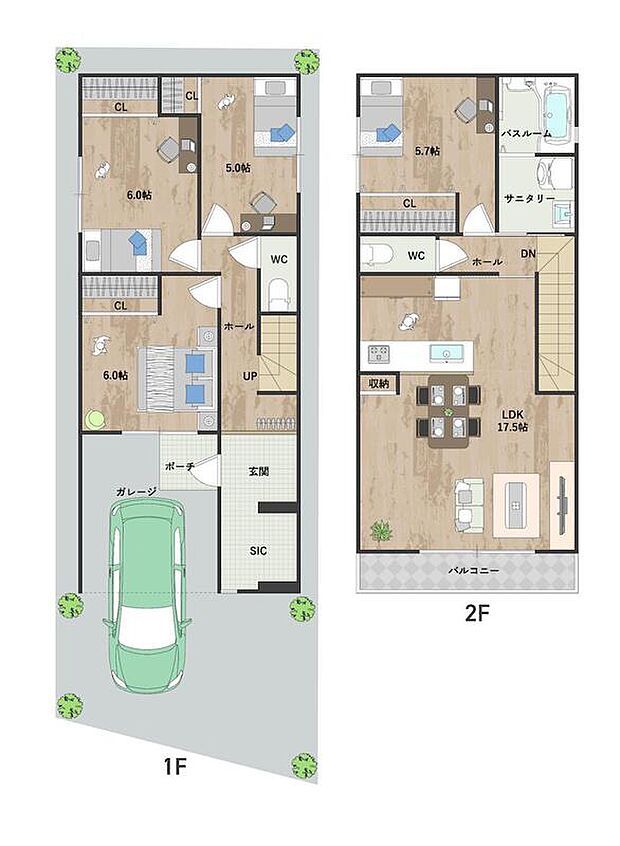 2階建4LDKプラン。LDKは約17.5帖のゆとりある広さ。2階に水回りを集約し、家事動線良好です。全居室収納に加え、大容量のSICを備えています。《建物面積93.55m2、建物価格1688万円》