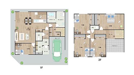 南向き、5LDKの住まい。LDKは約21.1帖、2階の洋室4部屋は7帖以上の広さが確保された、ゆとりある間取り設計です。カースペースは1台駐車可能(車種による)。 