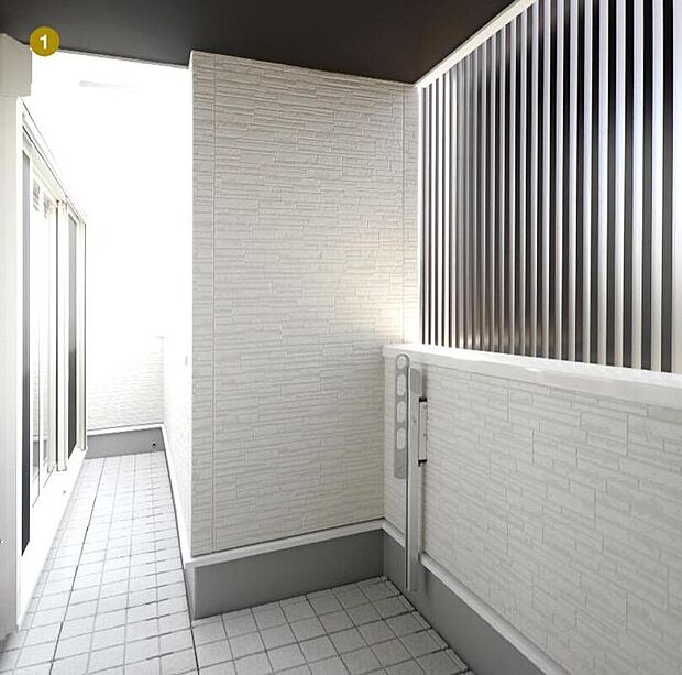 【【本分譲地に建築可能な建物プラン例】】バルコニースペースの和室側にルーバーを設けました。プライベート空間を守りつつ、程よく陽射しを遮ります。《分譲地外:建物面積91.12m2、建物価格1674万円》