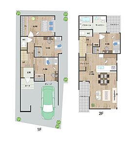 2階建て「4LDK」の新築一戸建て。LDKを2階に配置し、プライバシーにも配慮した設計です。南側バルコニーから陽光が差し込む明るい住空間。サニタリーにバルコニーが隣接し、洗濯動線も良好です。 