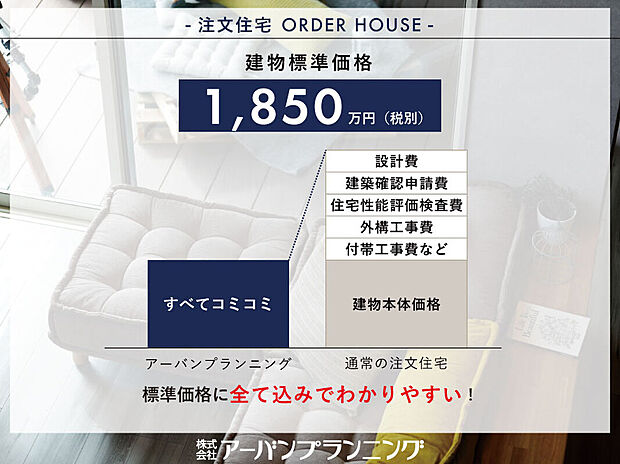 【アーバンプランニングの注文建築】
付帯工事や別途費用であることの多い外構工事まで必要なものをすべて含めた、分かりやすい価格設定にすることで、お客様の家づくりをサポートしています。