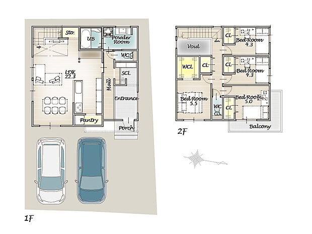 【建物面積：115.12m2、4LDK、建物価格：2035万円が別途かかります】LDK・水回り設備がワンフロアにまとまった『家事ラク動線』。料理・洗濯が移動少なく完結できるから、毎日がちょっとラクに。LDKは22畳超の広さに吹き抜けも！開放感あふれる空間で、
ゆったりとした暮らしが叶えられそうですね。