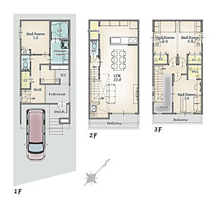【建物面積：110.57m2、4LDK、建物価格：2035万円が別途かかります】LDKはゆとりの21畳を確保。LDKの一角にはセカンド洗面もあり、手洗いはもちろん、お掃除や観葉植物のお手入れにも便利！
パントリーやSCLなど充実の収納スペースも嬉しい！ 
