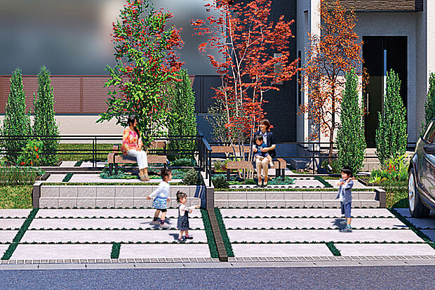 【交流の場となる陽だまりテラス】
カースペースや庭空間を集めることで心地よい陽だまり空間を街の中に創出。家族のくつろぎ空間や住民同士のコミュニティを育む場となります。