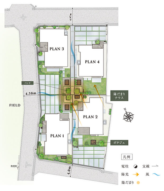 【開放感とゆとりを享受できる配棟計画】
三方に道路が通り、農地と隣接することでアプローチの広がりを感じられる立地。全棟180m2以上のゆとりある敷地面積により、庭や2台カースペースを確保できています。