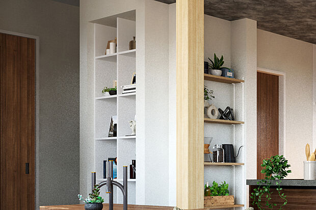 【オープンシェルフ】
リビングの一角にお気に入りの雑貨や観葉植物などを飾って楽しめるオープンシェルフを設置しました。自分好みの空間を楽しめます。※号棟により採用状況が異なります。