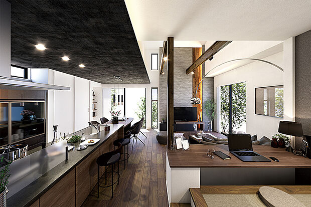 【【心が落ち着く寛ぎのリビング】】木の温もりを感じられるインテリアを採用し、暮らしの心地よさを追求したリビング。家族のふれあいを深め、憩いや団らんを愉しめる空間をご用意しました。