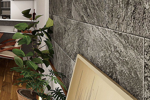 【【エコカラットプラス/グランクォーツ】】クォーツサイトの荒々しい石模様を活かした迫力のあるデザインが特長。調湿・消臭効果のある機能性とデザイン性を両立した壁材です。※号棟により採用状況が異なります。