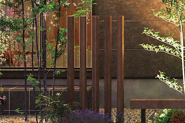 【【木目調格子】】落ち着いた邸宅の表情を描く木目調格子。光を取り込みながら道路からの視線をほどよく遮り、心地よいプライバシーを確保します。