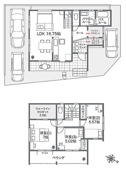 【1号地 間取図】
天井高2.6mのLDK、多用途に活用できる屋根付きのピロティ、ロングベランダ等、おうちでの時間もゆったり楽しく過ごせる住まい。生活動線への配慮、豊富な収納スペースも魅力です。