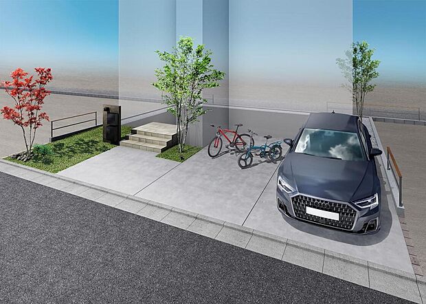 ■外構パース■COEDO街の外構特別仕様。区画全体に統一感を演出します。（※区画により植栽の位置・数は変わります）