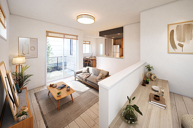 【10号棟LDK完成予想パース】リビングとダイニングを分けたLDKに、小上がりDENをプラス。くつろぐ・食事する・集中する空間を程よく切り分け、暮らしにメリハリを生む間取りです。