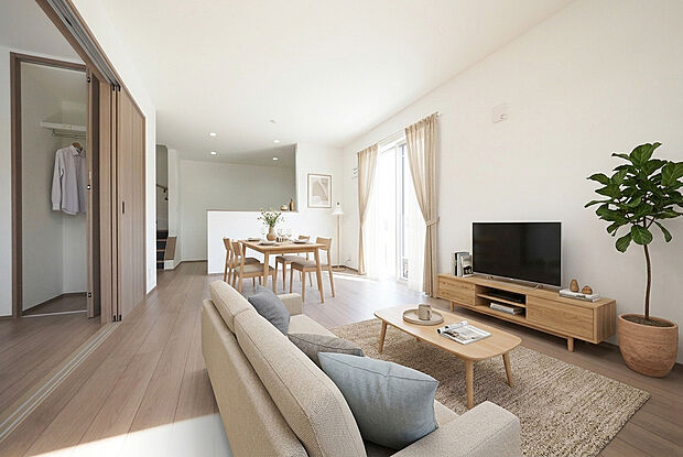 【LDK/B号棟】2面採光で明るい光が射し込むリビングダイニングキッチン(※家具小物はCGによるものです)