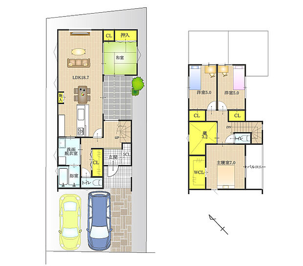 【12蓮池1号地】コの字型で中庭を設けた光と風が採り入れやすい間取り。水廻りをまとめ回遊できる家事&生活動線もスムーズ!大容量の蔵やウォークインクローゼットなど適量適所に設けた収納もうれしい住まい!