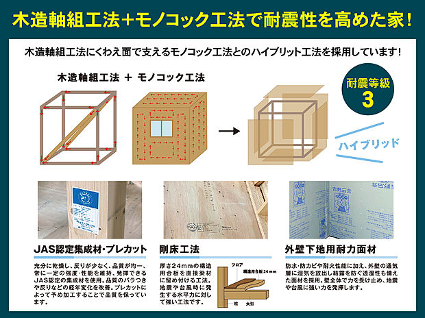 【木 造軸組工法＋モノコック工法：耐震等級３】設計自由度の高い木造軸組工法に加え、面で支えるモノコック工法とのハイブリット工法を採用し耐震性を高めています