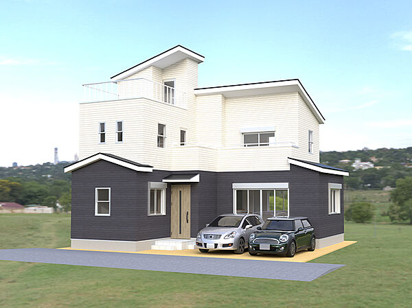 ［外観パース］
カースペース並列2台あり！モノトーンカラーがシックなモダンデザインハウス。