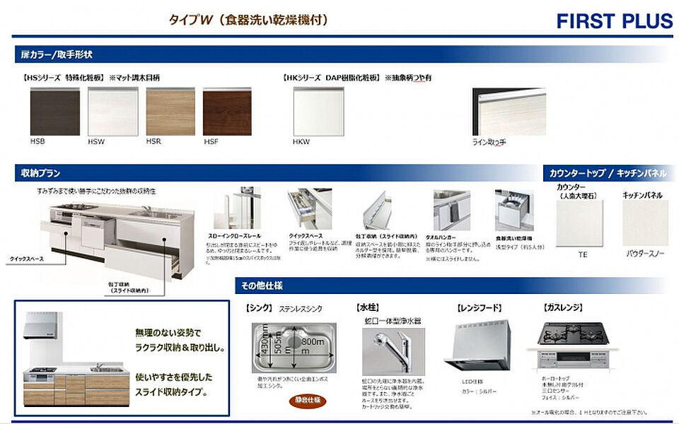 ★システムキッチン仕様　家事をバックアップする食器洗い乾燥機やコンパクトで便利な浄水器一体型水栓をはじめ、ディテールまで工夫が施されたシステムキッチンです。