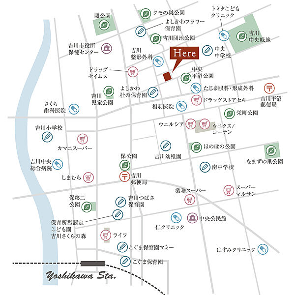 徒歩15分分圏内に揃う教育施設をはじめ、大型商業施設にもアクセスしやすいロケーション