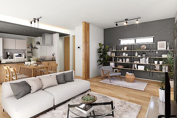 【STYLE01/ワイドリビング】家族やゲストがゆったりと憩えるワイドリビング。家族みんなのコミュニケーションが自然と育まれながら、家事や趣味にも集中できる空間設計です。