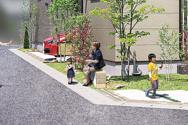 【【コミュニティベンチ】】家族はもちろん、住民同士で気軽に座ってお喋りが楽しめるベンチを全邸標準で設置しています。