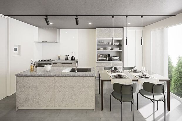 【【PLAN01】完成予想図】キッチンはフルフラットの2列型タイプを採用。リビングまで視線が抜ける開放的と一体感のある空間をプランニング。家族や友人とキッチンを囲んで料理を楽しめます。※1号棟完成イメージ図