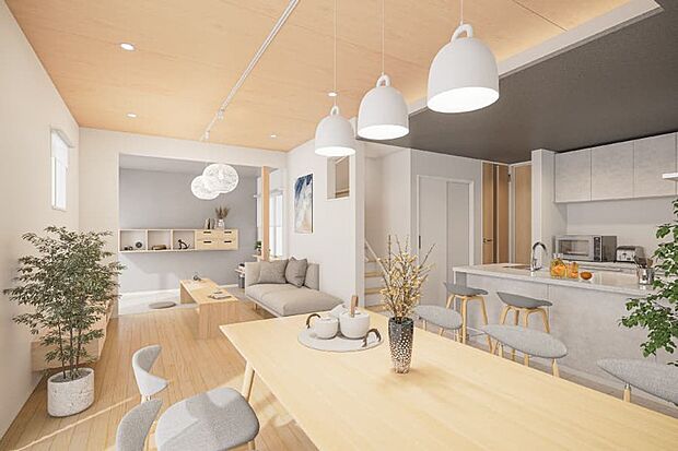 【【PLAN02】完成予想図】インテリアラーチが彩るリビングの先に、和の趣を感じる座の空間のある住まい。※2号棟完成イメージ図