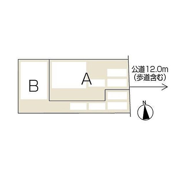 【区画図】第1種中高層住居専用地域につき、落ち着いた住環境と陽当りの良さを両立。前道幅員12mで車庫入れもスムーズに行え、日々の車移動も快適です。