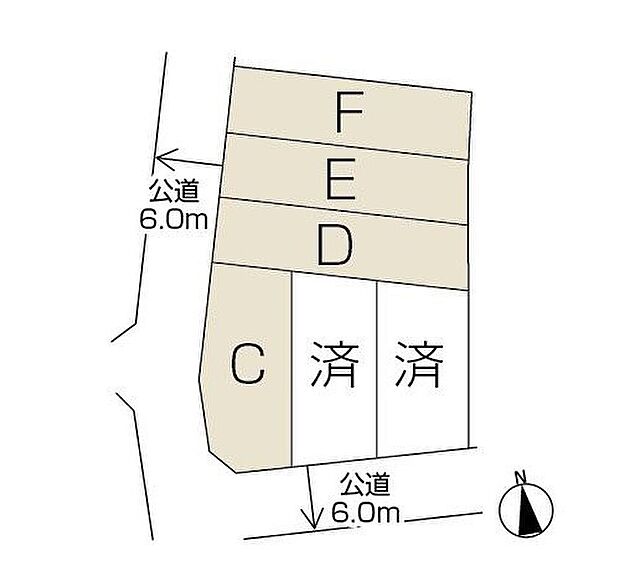 【区画図】各棟に面する道路は6.0mを確保。