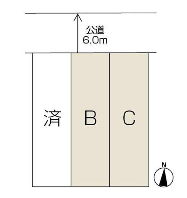 【全体区画図】前面道路は6.0mあり、お車の出し入れラクラクです
※A棟は成約済みとなりました