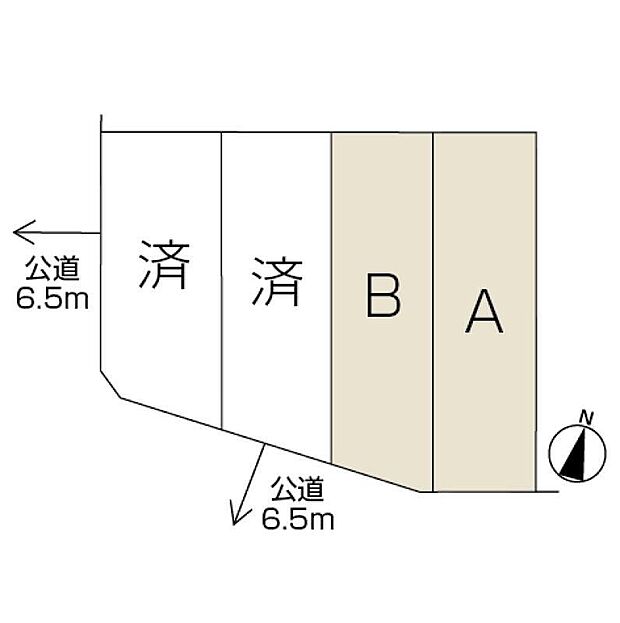 【全体区画】幅員約6.5mの公道に面した、ゆとりを感じられる街並み。整った区画で、落ち着きのある住環境です。