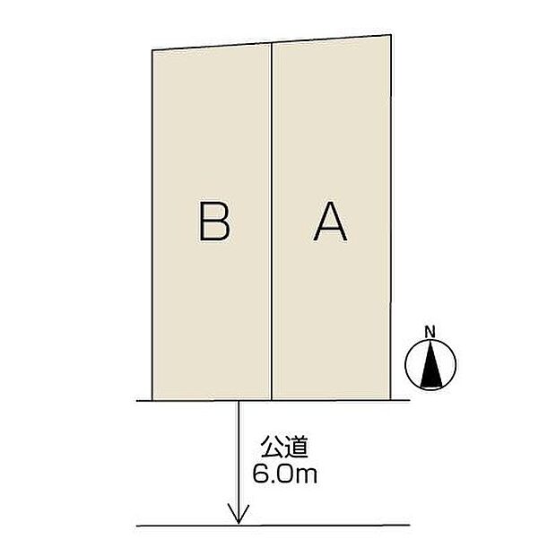 【全体区画図】南側に幅員6mの道路が広がる、陽当たり良好な住まい。ゆとりある前面道路に面しているため開放感があり、車の出入りや駐車もスムーズに行えます。