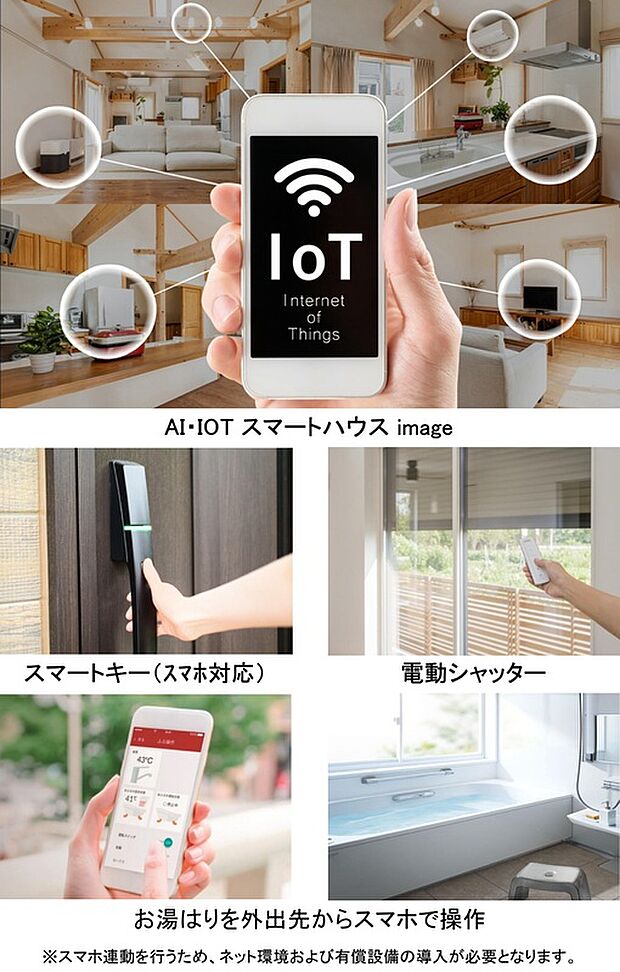 【IOT　スマートハウス】最新のIoT設備を取り入れたスマートな暮らしを実現。照明・エアコン・給湯などをスマホや音声で簡単に操作でき、外出先からの遠隔操作も可能です。毎日の家事や生活動線がよりスムーズになり、快適性と省エネ性を兼ね備えた次世代の住まい。忙しいご家庭にもぴったりな、賢く便利な暮らしがここにあります。 