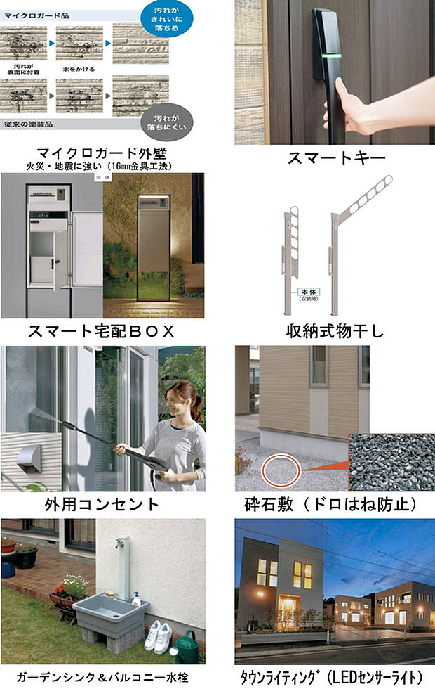 【外壁・エクステリア】外壁には、雨で汚れを洗い流す「マイクロガード」仕様を採用。外壁表面に付着したホコリや排気ガスなどの汚れも、雨とともにスッと流れ落ち、美しさが長持ちします。お手入れの手間を軽減し、いつまでも新築のような清潔感をキープ。住まいの外観価値を守る、高機能な外壁仕様です。 