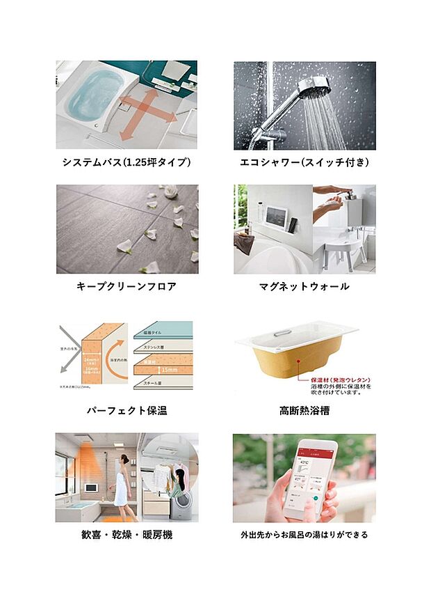 【バスルーム】一般的な浴室(1坪タイプ)よりも40cm広い、1.25坪タイプの広々バスルームはお子様と一緒に入っても余裕の広さでゆったりと気持ちの良いバスタイムを演出し、一日の疲れを癒してくれます。また「ホーロークリーン浴室パネル」は高品位ホーローだからずっとお手入れカンタン。表面のガラス質がカビの発生をしっかりガード。傷にも強く、汚れもしみこまないので普段のお手入れはシャワーで流すだけ。キレイがいつまでも続きます。また、浴槽や浴室を丸ごと保温材でつつみ込んであたたかい浴室としています。