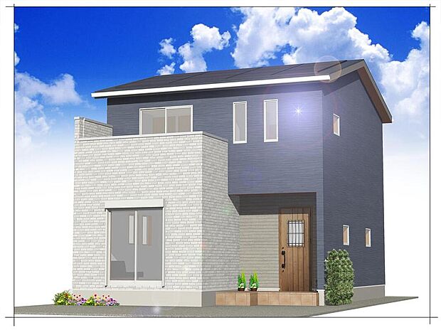 【完成予想図(外観)】明るく柔らかい雰囲気の外観の2号棟。ファミリークローゼットを備えた、女性目線間取り。