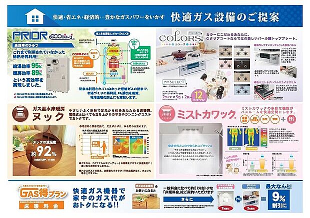 【大阪ガスセット】エコジョーズ、ガラストップコンロ、ユック（床暖房）、ミストカワックの大阪ガスセットが標準仕様。