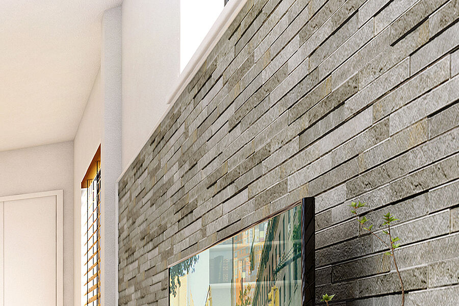 【グラビオエッジ】
石壁調のリアルな素材感で空間に豊かな表情を生み出し、上質な空間へと演出するデザインウォールが心地よい空間を演出します。耐熱性、防火性に優れた材料を主原料とした不燃デザイン壁材です。