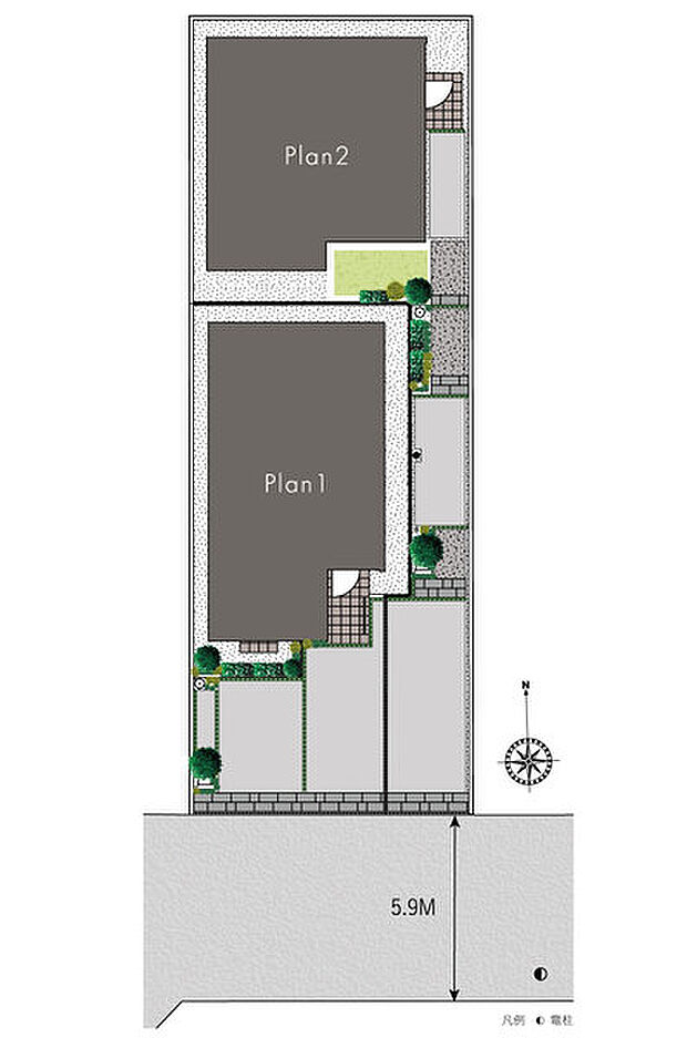 【緑豊かな公園に隣接した美しい風景】
自然を日常的に感じられるロケーションに佇む2邸。南道路やカースペースからは開放感と共に明るさを住まいへ採り込み、心地よい寛ぎあふれる住まいを創出しています。