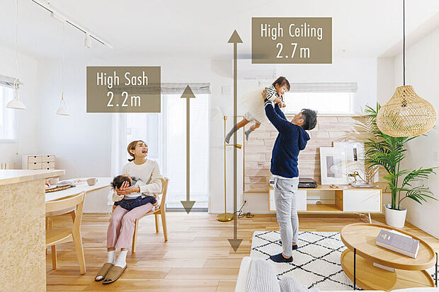 【ハイシーリング・ハイサッシ】
リビングの天井高を2.7mに設定。陽光を豊かに採り込み、明るく広がりのある団らん空間を創出します。※一部天井が下がる場合がございます。※画像はイメージです。