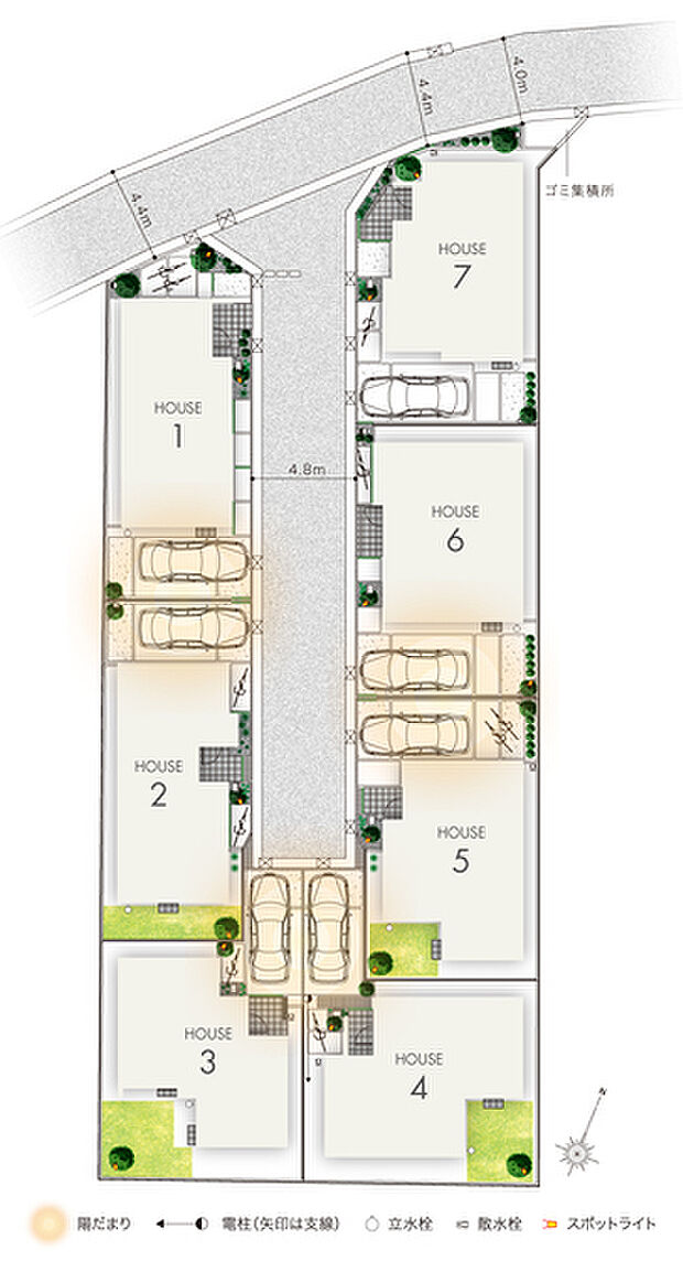 【豊かな陽光と開放感に包まれた暮らし】
安心と安全に配慮したワンエントランスの街並み。カースペースを抱き合わせにすることで陽だまり空間を創出し、やすらぎの暮らしを満喫できます。