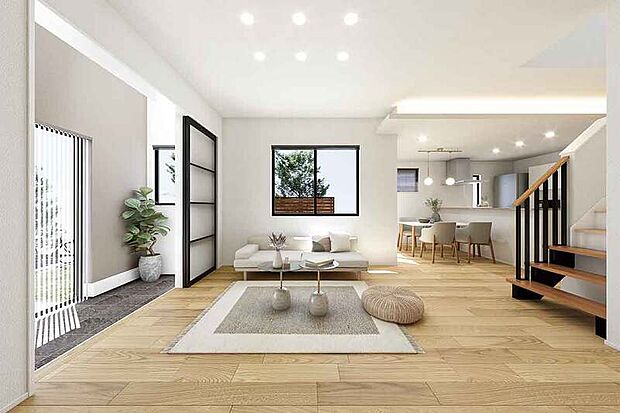 【ハナミズキのある家】
ワイドリビングを中心に、内と外がゆるやかにつながる住まい。玄関から続く土間の先にハナミズキを配し、室内にいながら四季の彩りを愉しめる設計です。※号棟により採用状況が異なります。