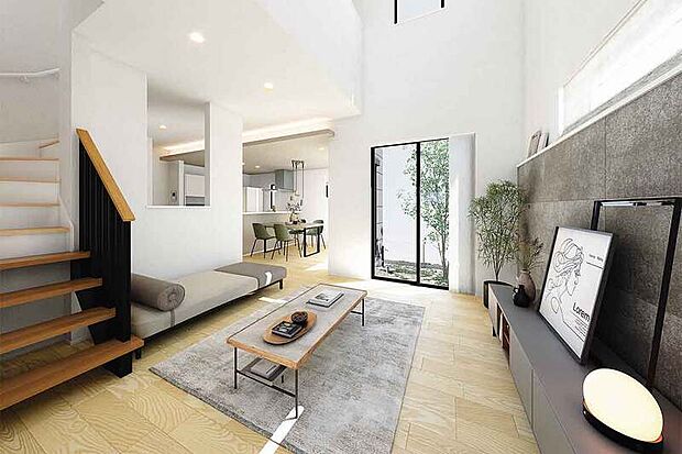 【アオダモのある家】
リビングの一角に、ほどよいこもり感を愉しむSKIP DENを計画。住まいの随所に設けた小窓から、アオダモの緑を切り取るように眺められます。※号棟により採用状況が異なります。