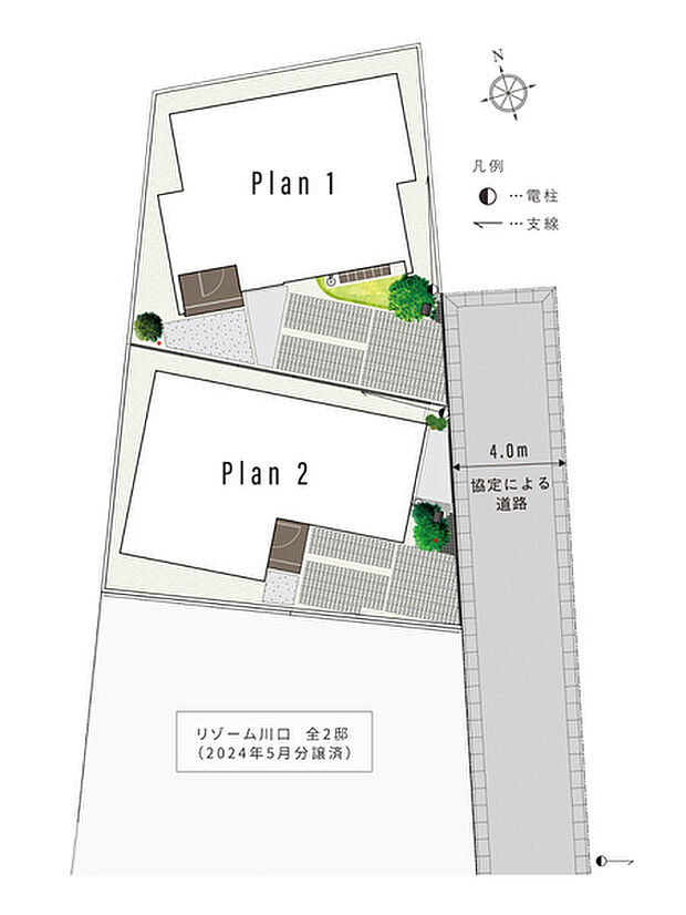【緑の潤いを計画的に配置した外構計画】
シャープな街のアクセントになる植栽や統一感のある外構アイテムを採用しました。前面道路は車の通り抜けができない形状です。