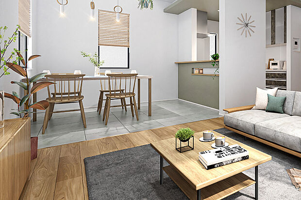 【【個性的な暮らしを創出するインテリア】】クールなモルタルの印象と、やわらかな木の温もりが調和した個性豊かなフロアデザイン。デザイン性・快適性を兼ね備えた、上質で洗練された住空間を実現します。