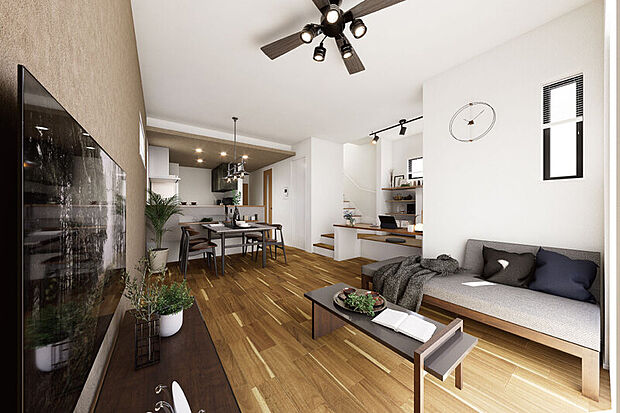 【【心地よいくつろぎを叶えるしつらえ】】深い色合いの木目と白の濃淡で趣のあるモダンな空間を描くリビング。個性を楽しむ2スタイルのインテリアプランを用意しました。