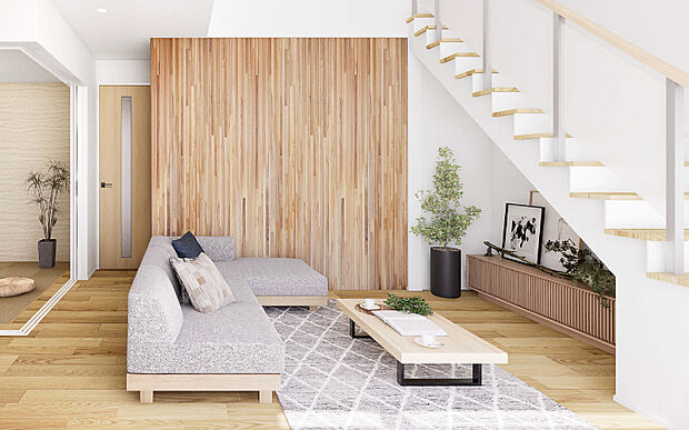 【【ウッドパネル-the wall-】】天然木ならではの温もりを感じられるウッドパネルを採用。リビングにアクセントを与え、上質な団らん空間を創出します。※画像はイメージです。※号棟により採用状況が異なります。