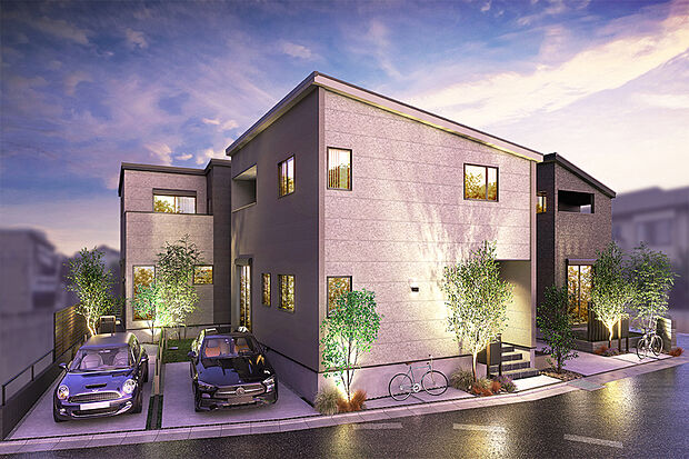 【【華やかな情景に癒される灯かりの演出】】シックな色彩とスクエアなフォルムがスタイリッシュな佇まいを織りなす外観デザイン。夜間は外部照明が植栽や家並みを美しく照らし、華やかな情景に癒されます。