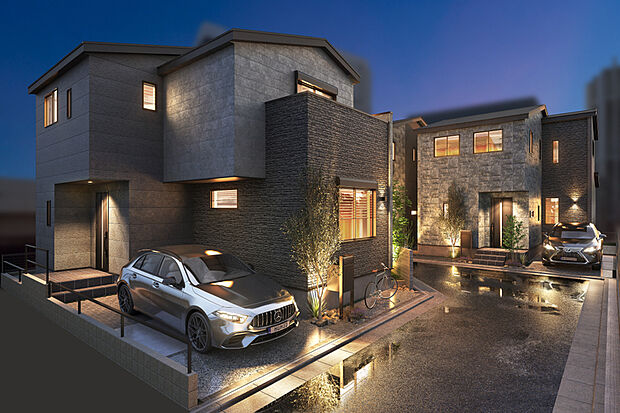 【【灯かりのいえなみ協定(R)】】暗くなるとLED外部照明が自動点灯。夜の街並みを美しく浮かび上がらせ、安全性を高める効果もあります。※照明の数や種類は号棟により異なります。