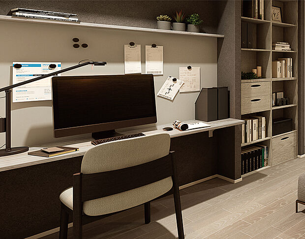 リビングの一角にスタディカウンターを設置。子どもと一緒に勉強したり、リモートワークをするなど多彩に使えます。
※掲載のパースは図面を基に描き起こした物で、実際とは多少異なります。