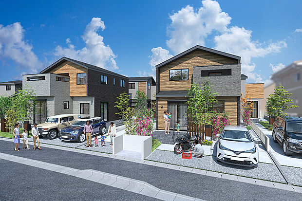 スタイリッシュな切妻屋根と素材感あふれる外壁が調和した外観に、シンボルツリーなどの自然の潤いを加え、四季の彩を感じられる開放的な街並みに。